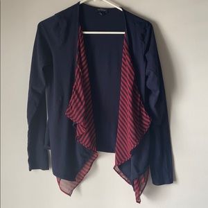 Navy open cardigan with red stripe details